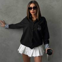 Solid Color Long Sleeve Simple Embroidered Letter Shirt With Pocket