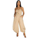 Summer Tie Bust Off Shoulder Smocked Wide Leg Long Jumpsuits with Pockets