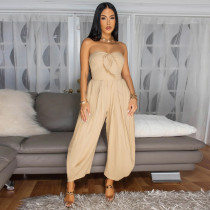Summer Tie Bust Off Shoulder Smocked Wide Leg Long Jumpsuits with Pockets