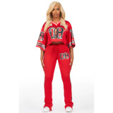 Fashion V Neck Tops Mesh Pocket Flared Pants Jersey Trackset