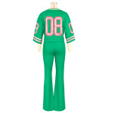 Fashion V Neck Tops Mesh Pocket Flared Pants Jersey Trackset