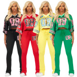 Fashion V Neck Tops Mesh Pocket Flared Pants Jersey Trackset