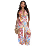 Women's Woven Sleeveless Lace-Up Wide-Leg Printed Jumpsuit