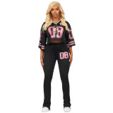 Fashion V Neck Tops Mesh Pocket Flared Pants Jersey Trackset
