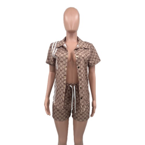 Loose Print Lapel Short Sleeve Shirt Shorts Set
