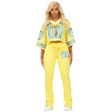 Fashion V Neck Tops Mesh Pocket Flared Pants Jersey Trackset