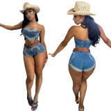 Sexy High Elastic Heart-shaped Washed Denim Strapless Two Pieces