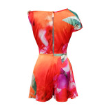 Casual Oblique Collar Sleeveless Print Tie Up Romper