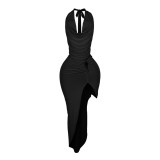 Women's Halter Neck Vest Sexy High-Slit Skirt Two Piece Set