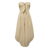Summer Tie Bust Off Shoulder Smocked Wide Leg Long Jumpsuits with Pockets