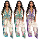 Women's Retro Jumpsuits Short Sleeve Floral Print Wide Straight Club Outfits