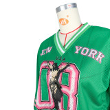 Fashion V Neck Tops Mesh Pocket Flared Pants Jersey Trackset