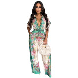 Women's Retro Jumpsuits Short Sleeve Floral Print Wide Straight Club Outfits