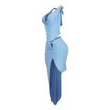 Women's Halter Neck Vest Sexy High-Slit Skirt Two Piece Set