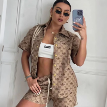 Loose Print Lapel Short Sleeve Shirt Shorts Set