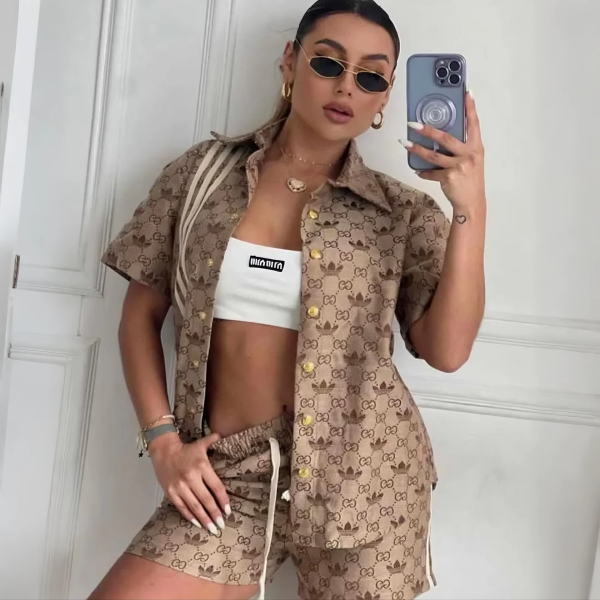 Loose Print Lapel Short Sleeve Shirt Shorts Set