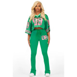 Fashion V Neck Tops Mesh Pocket Flared Pants Jersey Trackset