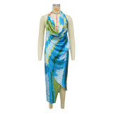 Sexy Backless Tie-dyed Satin Slouch Neck Club Dress