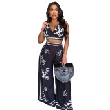 Casual Boho Positioning Print V-Neck Halter Wide Leg Pants Set
