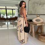 Casual Boho Positioning Print V-Neck Halter Wide Leg Pants Set