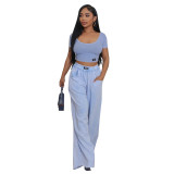 Sexy Distressed U Neck Crop Top Wide Leg Pants Set