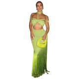 Women's Summer Tassel Patchwork Halter Strapless Bodycon Dress
