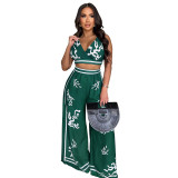 Casual Boho Positioning Print V-Neck Halter Wide Leg Pants Set