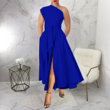 Women Sexy Slant Neck One Shoulder Long Dress High Split Maxi Party Dress