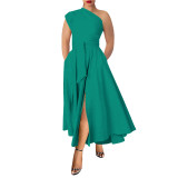 Women Sexy Slant Neck One Shoulder Long Dress High Split Maxi Party Dress
