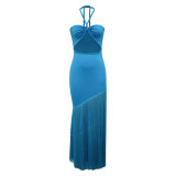 Women's Summer Tassel Patchwork Halter Strapless Bodycon Dress