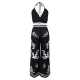 Casual Boho Positioning Print V-Neck Halter Wide Leg Pants Set