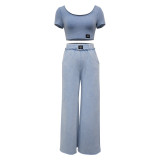 Sexy Distressed U Neck Crop Top Wide Leg Pants Set