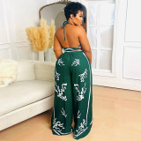 Casual Boho Positioning Print V-Neck Halter Wide Leg Pants Set