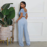 Sexy Distressed U Neck Crop Top Wide Leg Pants Set