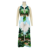 Women Printed Lapel Sleeveless Crop Top Wide Leg Pants Two-Piece Set