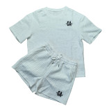 Fashion Embroidered Ladies Jacquard Short Sleeve Shorts Set