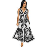 Sexy Deep V Sleeveless Positioning Print Bohemian Dress