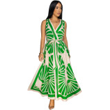 Sexy Deep V Sleeveless Positioning Print Bohemian Dress