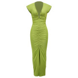 Sexy Plunging V Neck Ruched Twist Knot Bodycon High Slit Cocktail Party Dress