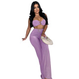 Solid Summer Decorative Button Halter Top and Long Skirt Two Piece Set