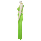 Solid Summer Decorative Button Halter Top and Long Skirt Two Piece Set