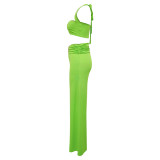 Solid Summer Decorative Button Halter Top and Long Skirt Two Piece Set