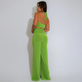 Solid Summer Decorative Button Halter Top and Long Skirt Two Piece Set