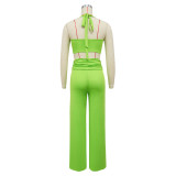 Solid Summer Decorative Button Halter Top and Long Skirt Two Piece Set