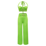 Solid Summer Decorative Button Halter Top and Long Skirt Two Piece Set