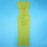 Sexy Plunging V Neck Ruched Twist Knot Bodycon High Slit Cocktail Party Dress