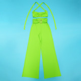 Solid Summer Decorative Button Halter Top and Long Skirt Two Piece Set