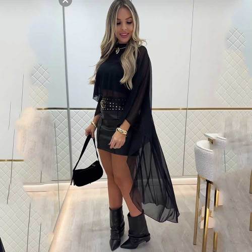 Sexy Solid Color See-Through O Neck Three Quarter Two Pieces