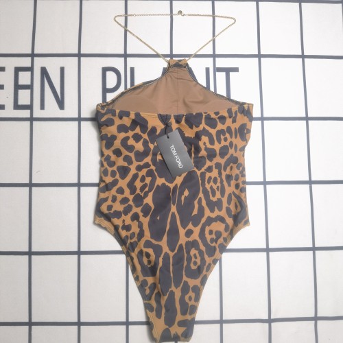 Summer Beach Padded Leopard-Print Chain Halter One-Piece Swimsuit