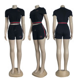 Casual Cotton Embroidered Ribbon Short Sleeve Shorts Set
